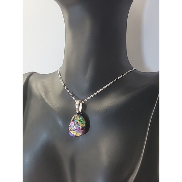 Vintage Handcrafted Dichroic Glass Pendant Necklace Iridescent Rainbow Art Glass - Picture 6 of 12